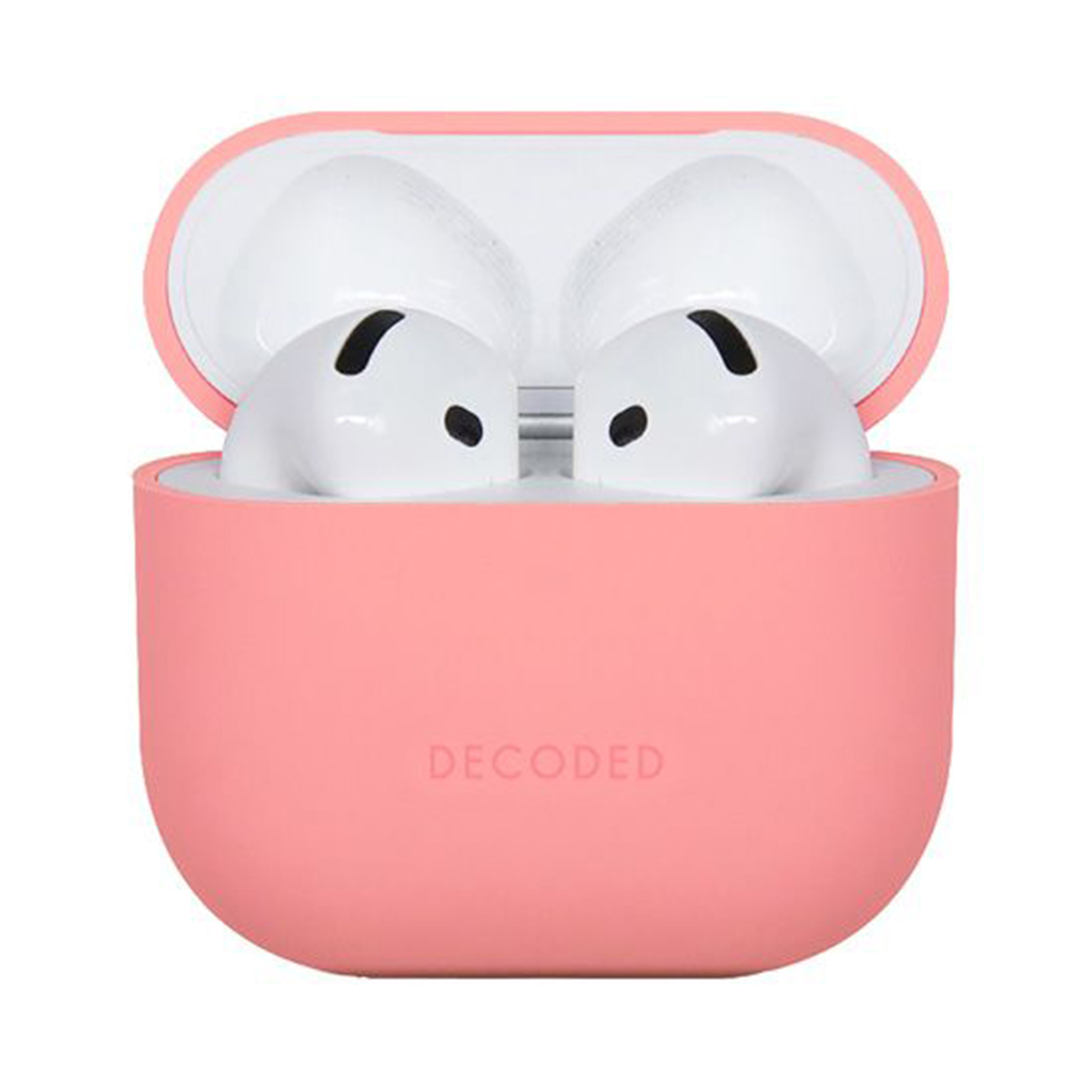 Pink case with white earbuds inside, with the word 'DECODED' on the case.