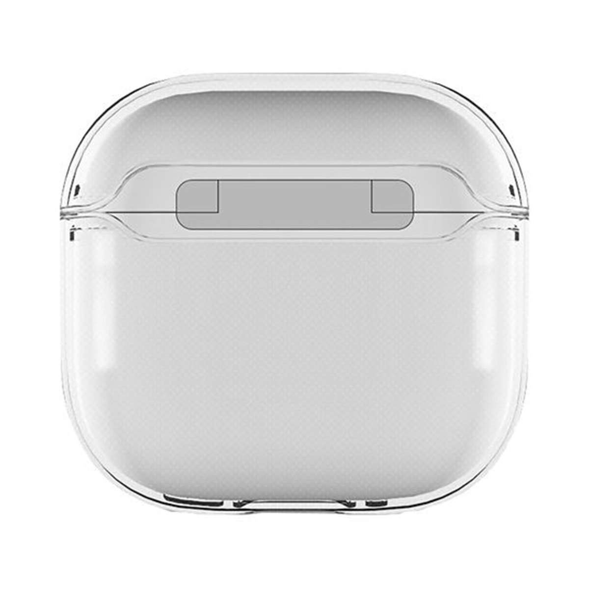 Estuche transparente y blanco para AirPods. Tiene forma redondeada y bisagra en la parte superior.