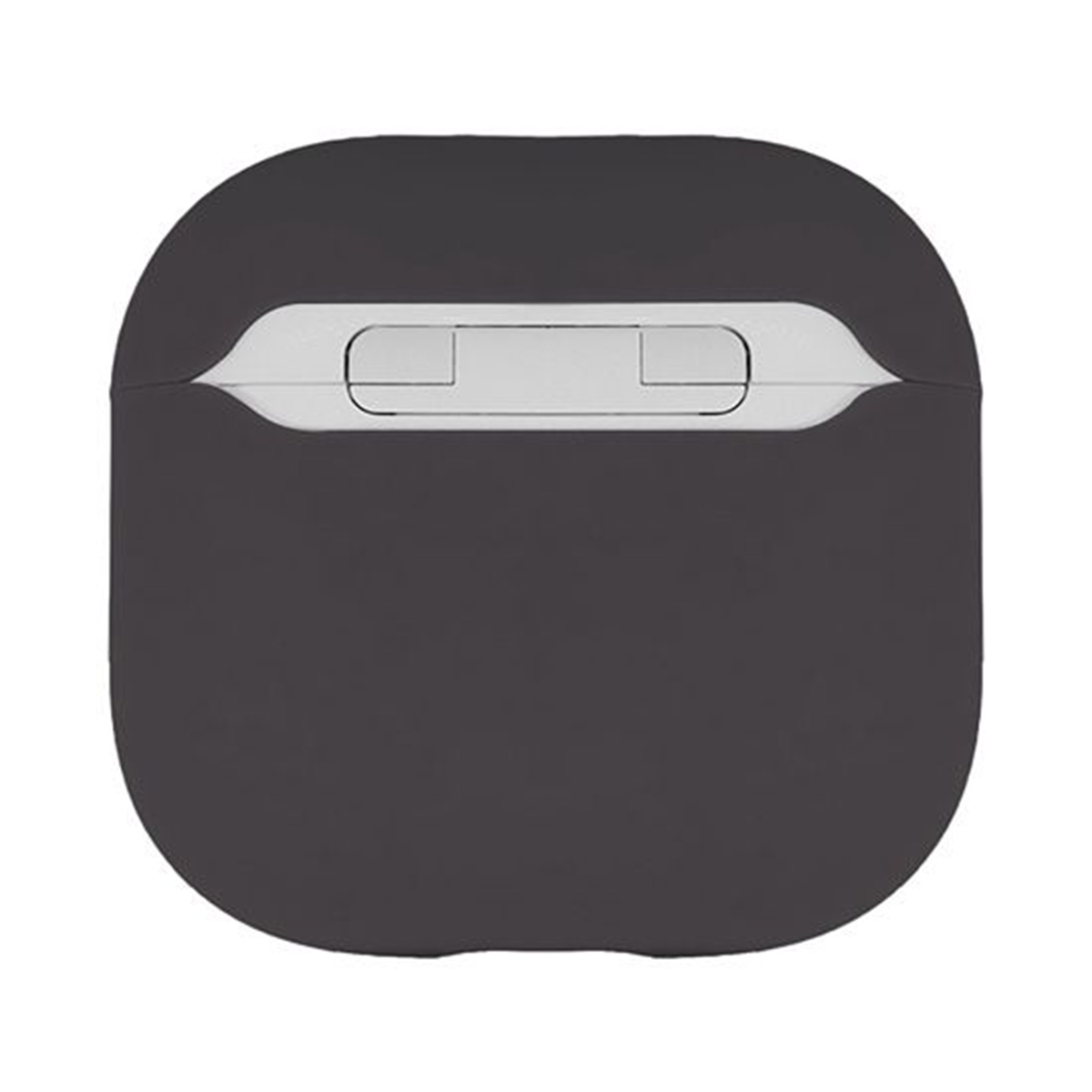 A dark grey, rounded square case with a white top section, possibly for earbuds.