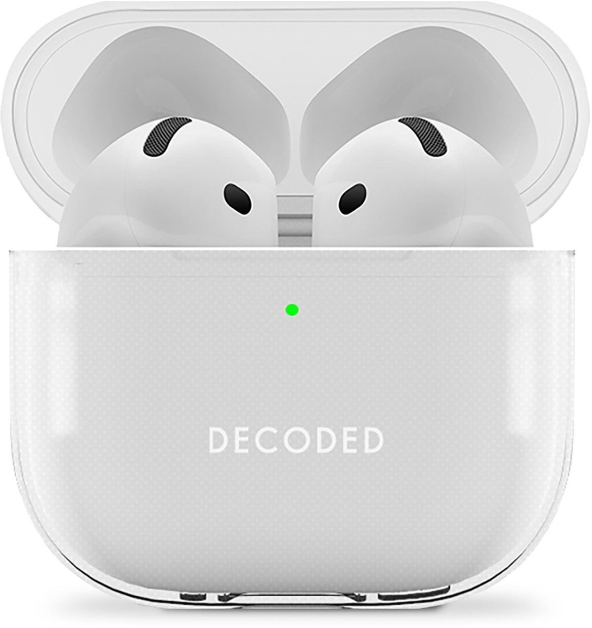 Auriculares blancos en un estuche transparente abierto, con la palabra "DECODED" visible.