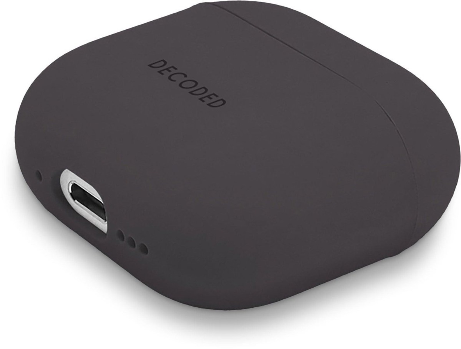 A dark gray earbud case with the word 'DECODED' printed on it.