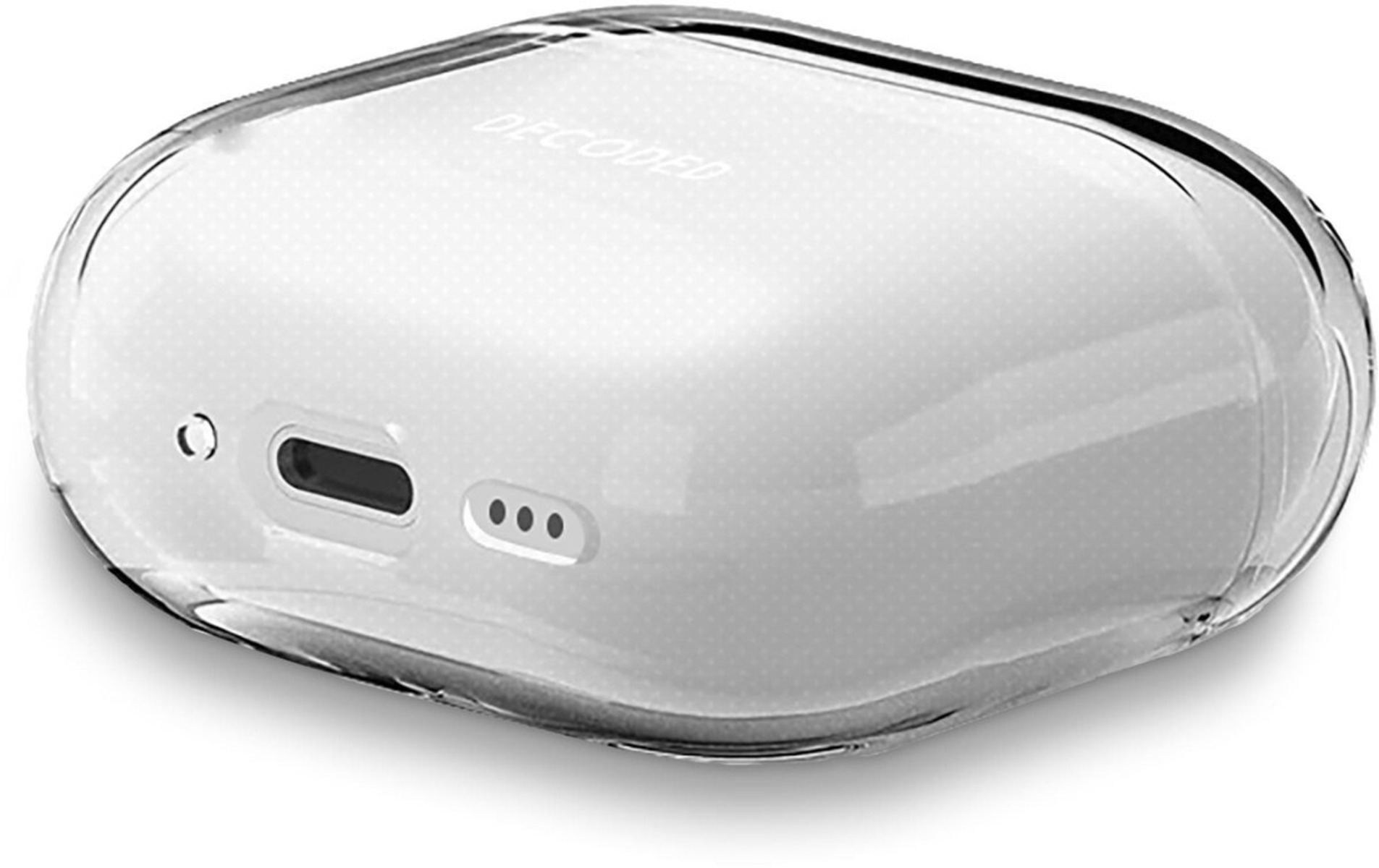 Funda protectora transparente para auriculares sobre fondo blanco.