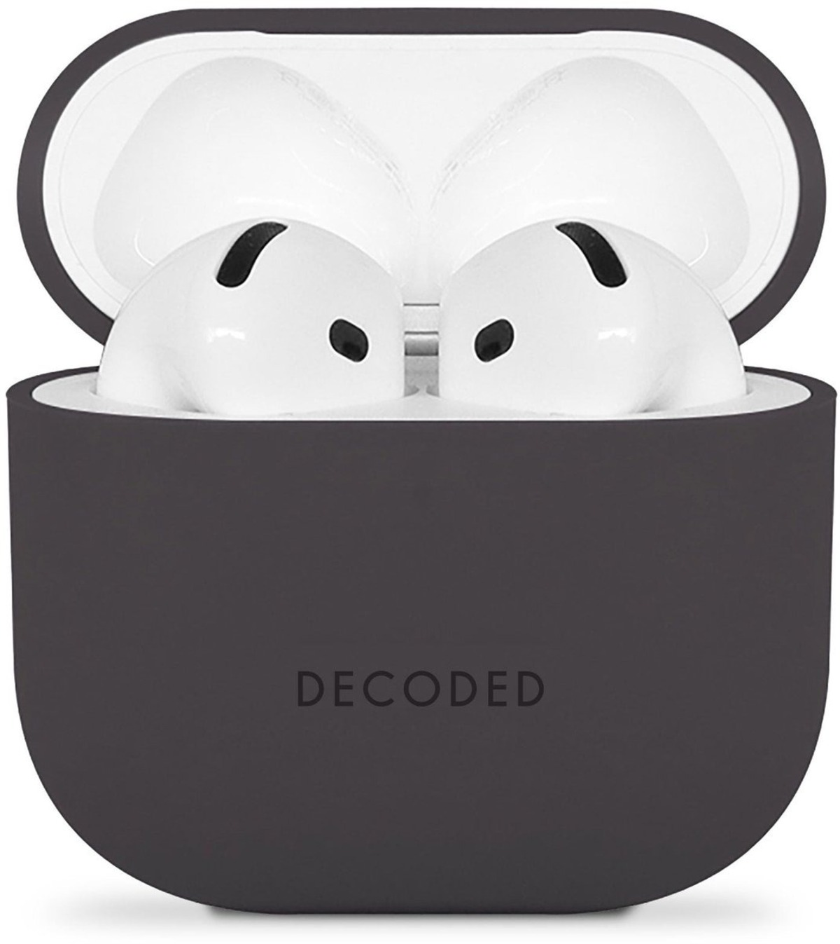 Dark grey case with white earbuds inside, the word 'DECODED' is on the case.