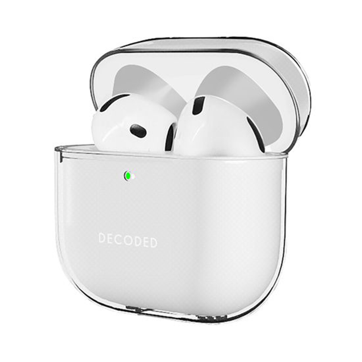 Funda transparente para auriculares con auriculares dentro y la palabra DECODED.