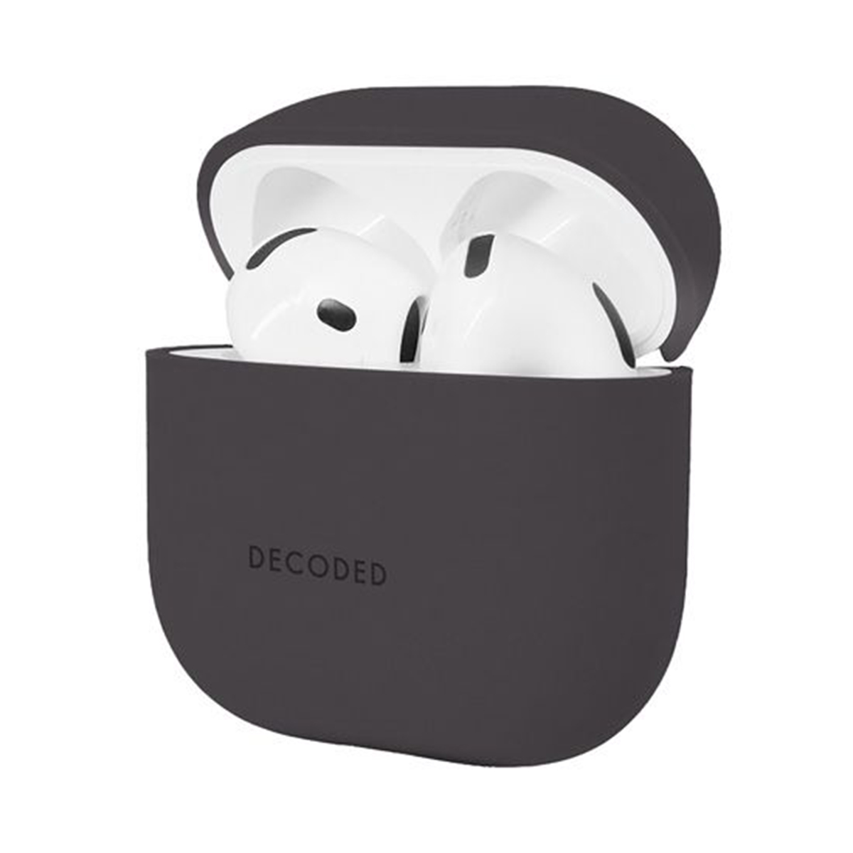 A grey Decoded AirPods case, open. Shows white AirPods inside the case.