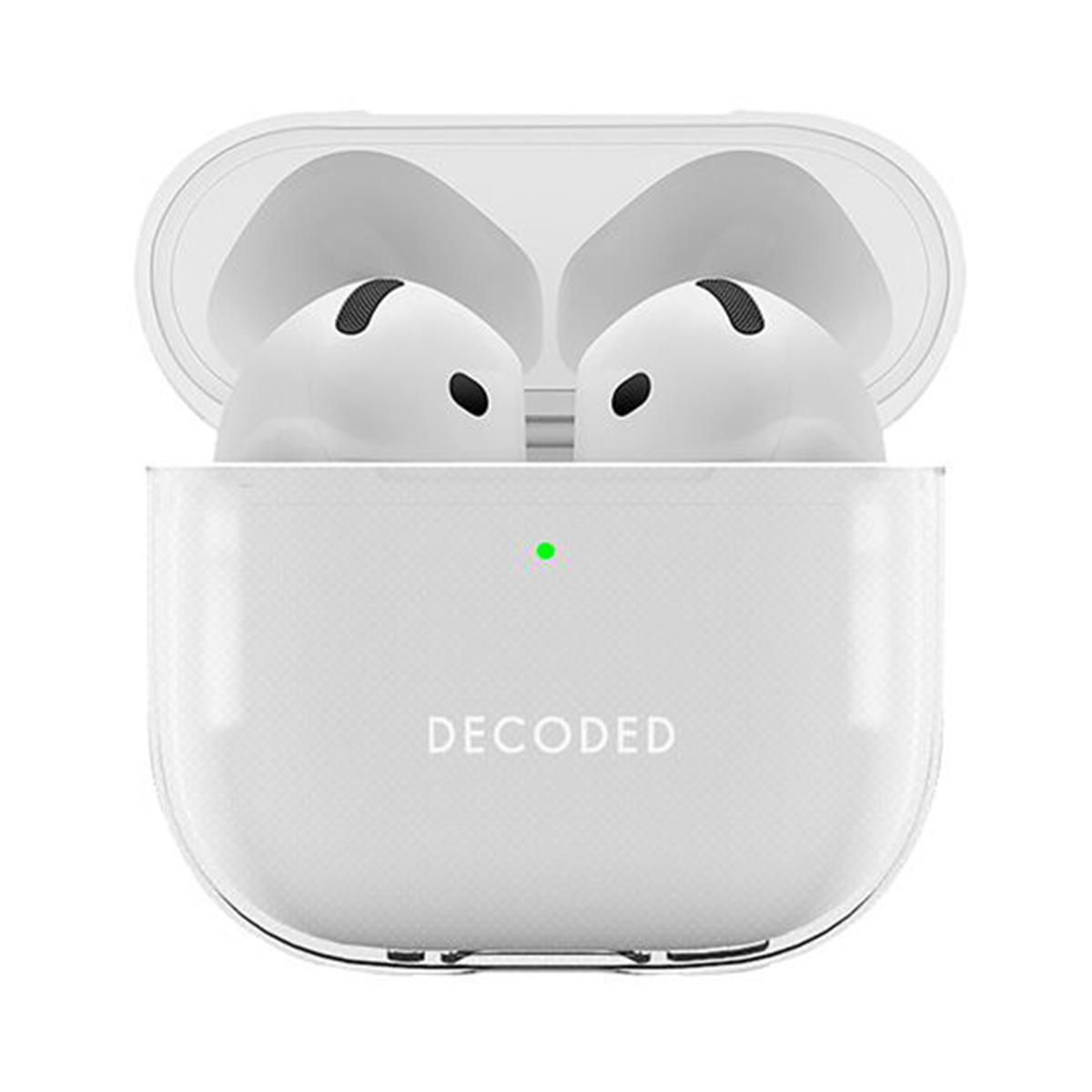 Auriculares blancos dentro de un estuche de carga blanco abierto, con la marca 'DECODED'.
