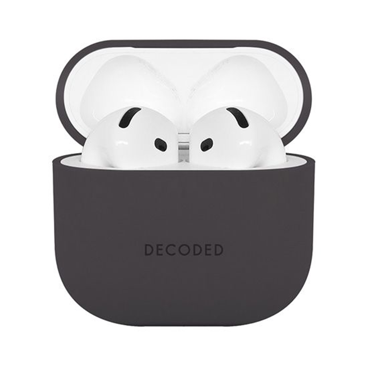 Black earbud case with earbuds inside. The case has a logo. White background.