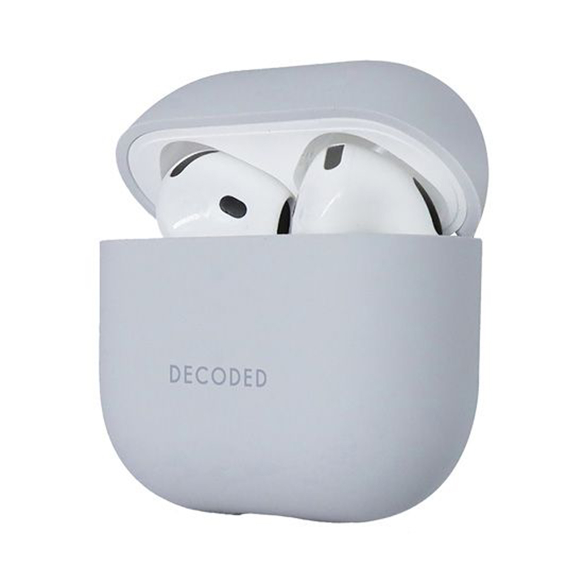 Opened gray earbud case with white earbuds, on white background.