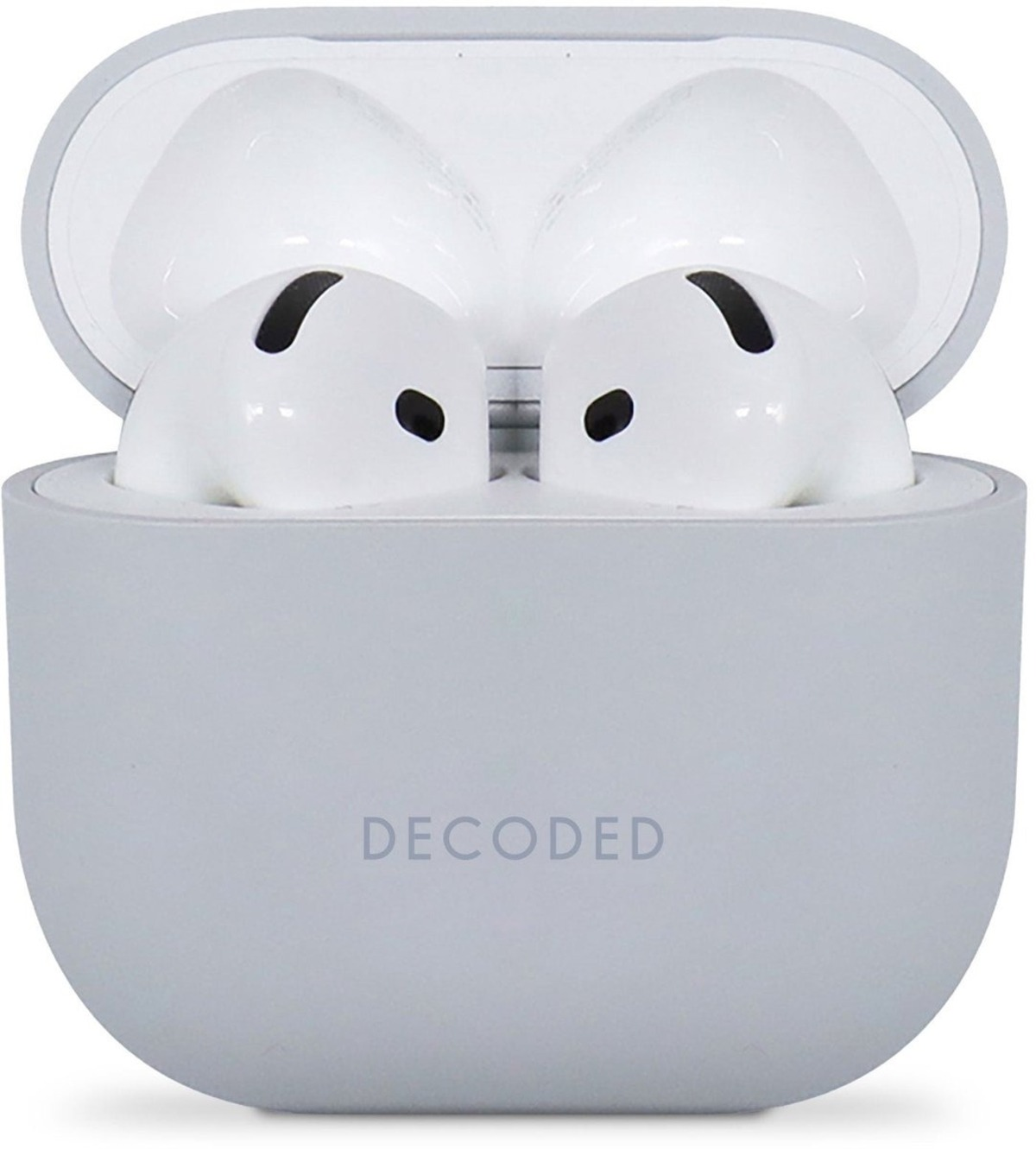 AirPods in a gray case, with the word DECODED.