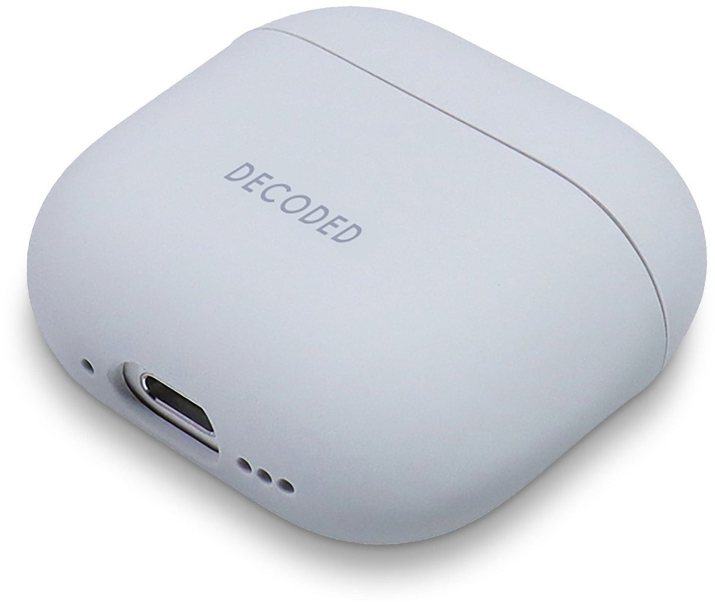 Light grey earbud case with 'DECODED' written on the front, angled view.