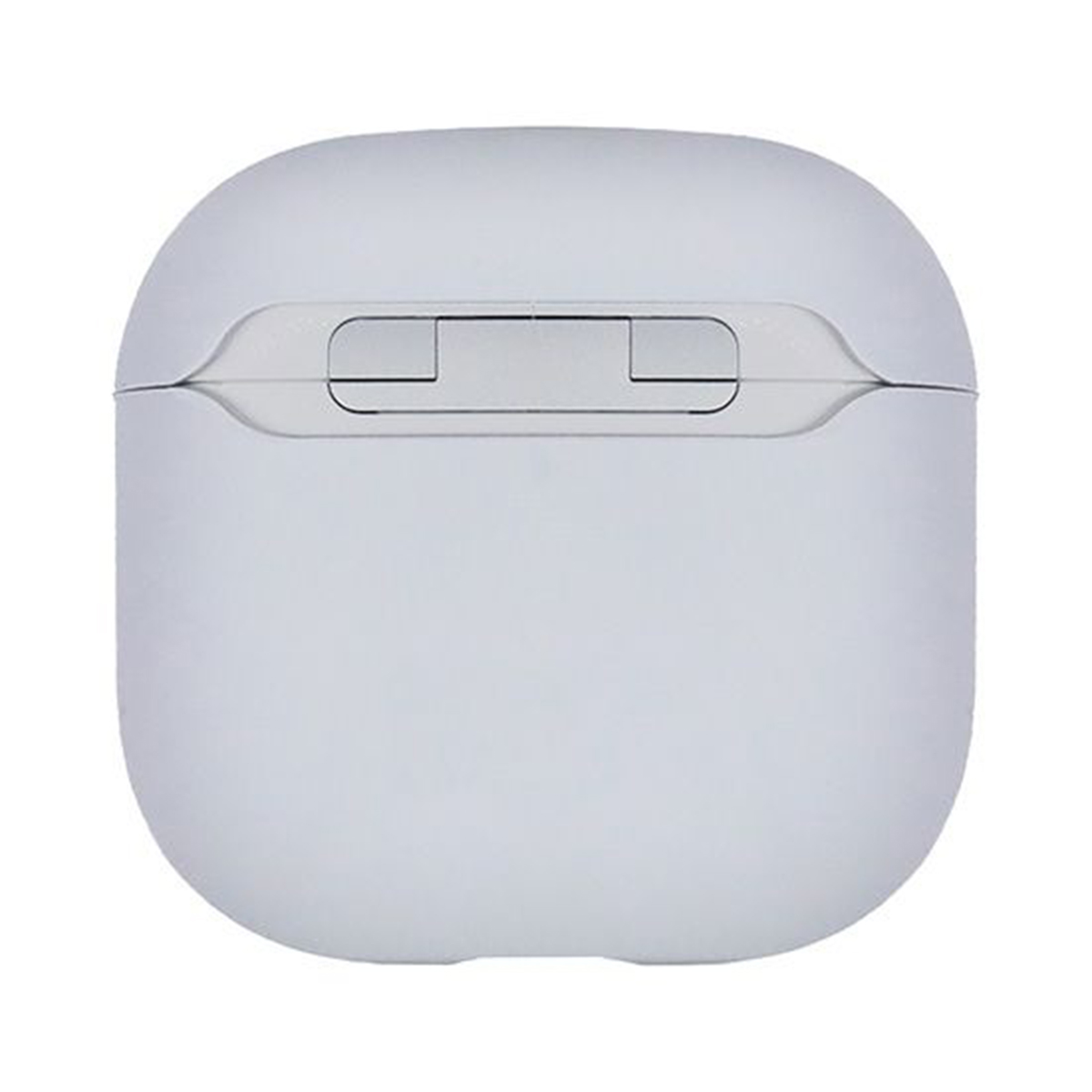A light grey Decoded AirPods case, closed. Features a smooth, minimalist design.