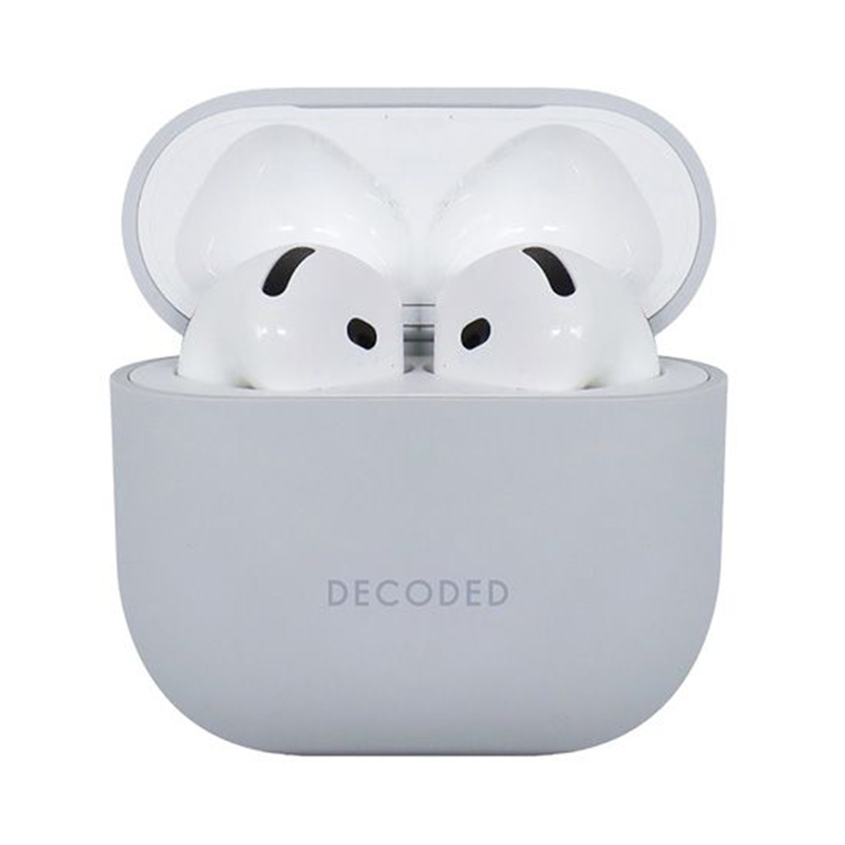White earbuds inside a light gray case with the word "DECODED" printed on it.