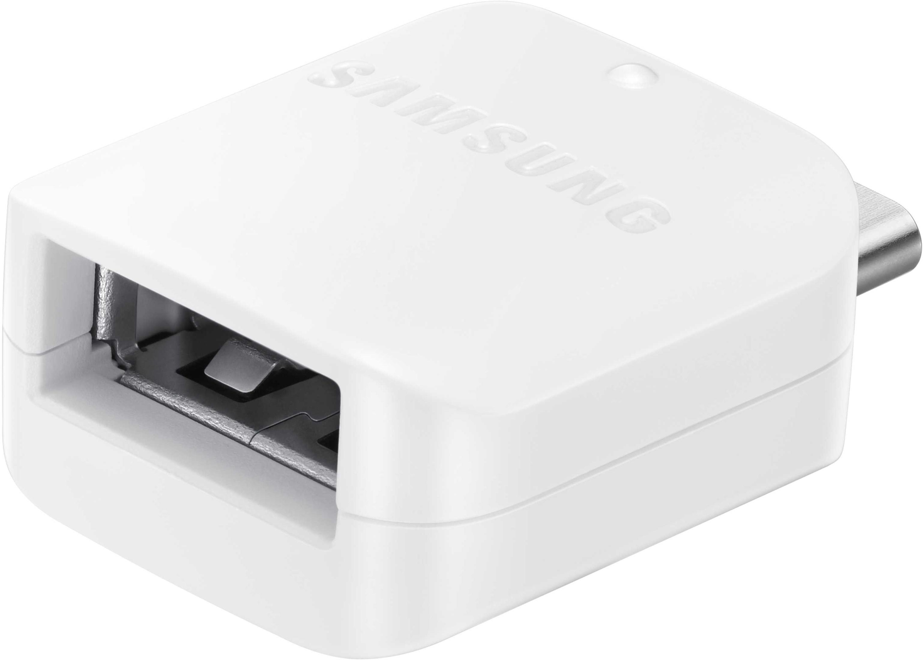 Biała przejściówka USB Samsung. Ma port USB na dole.