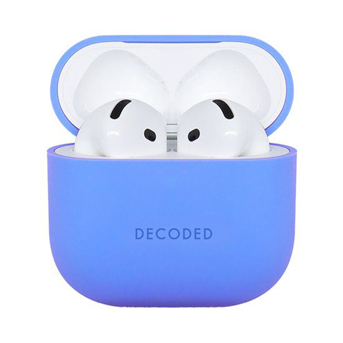 Blue case with two white earbuds. Case open, revealing white earbuds with black dots.