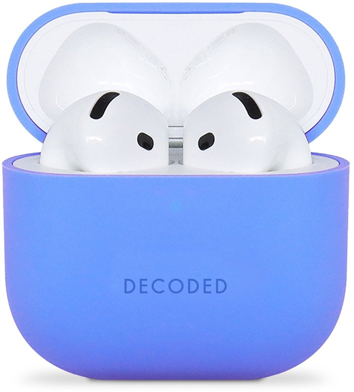 White earbuds in a blue case with "DECODED" printed on the case.