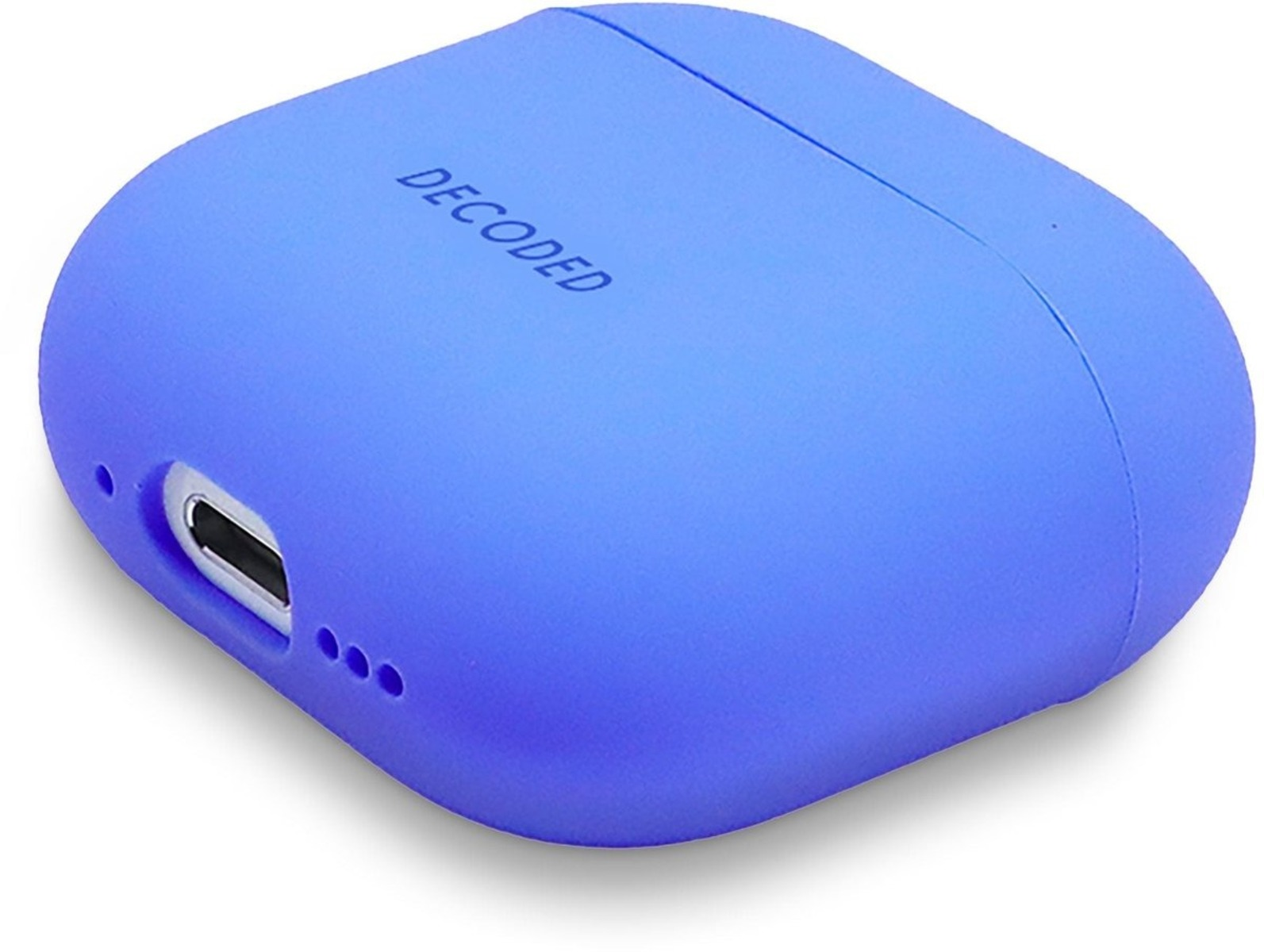A blue Decoded AirPods case. It features a USB-C port and the 'DECODED' text.