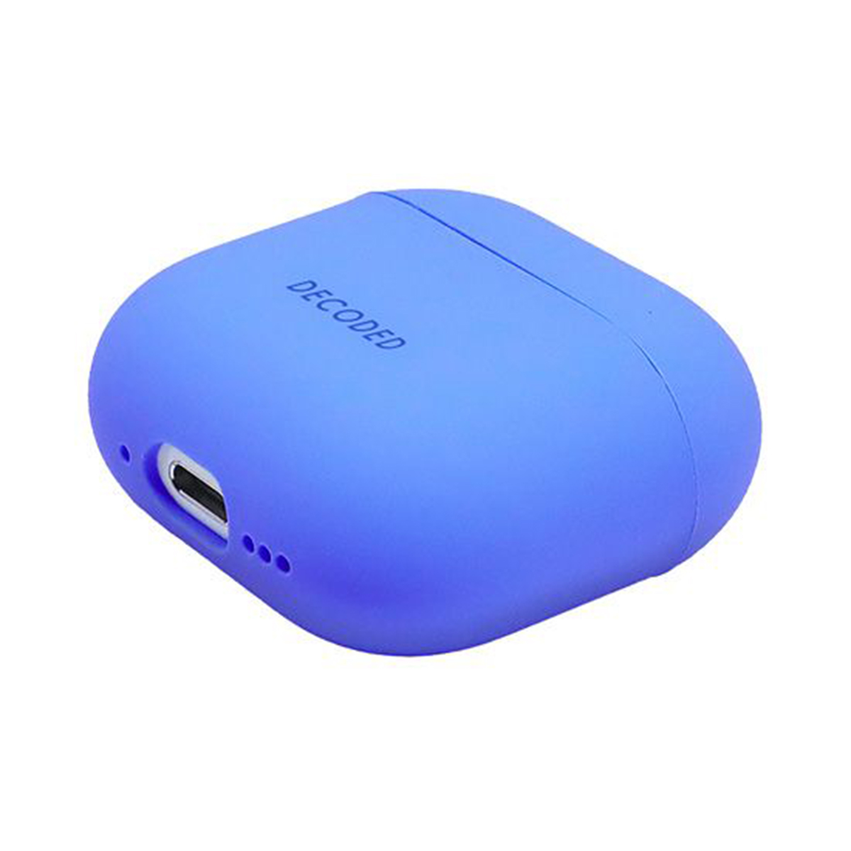 Blue earbud case with 'DECODED' written on the front, angled view.