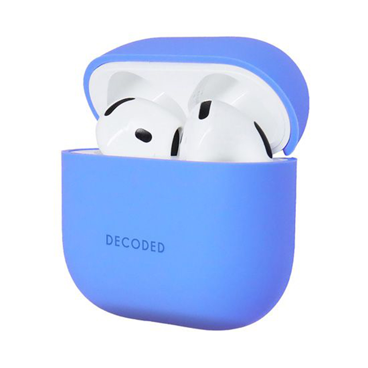 White earbuds inside a blue charging case, with the brand 'DECODED'.