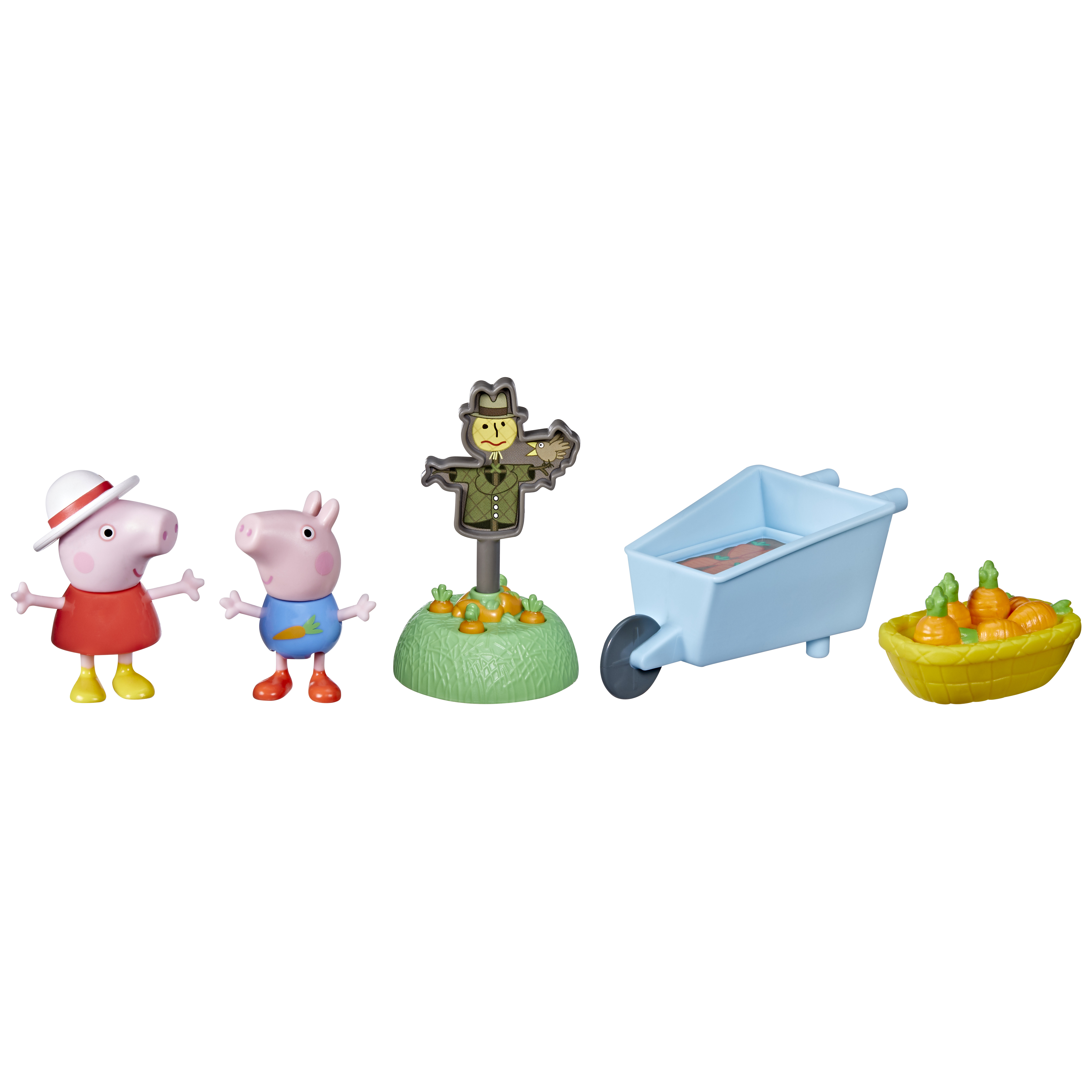 Ein Spielzeugset mit Peppa Wutz, George Wutz, einer Vogelscheuche, einer Schubkarre und Karotten.