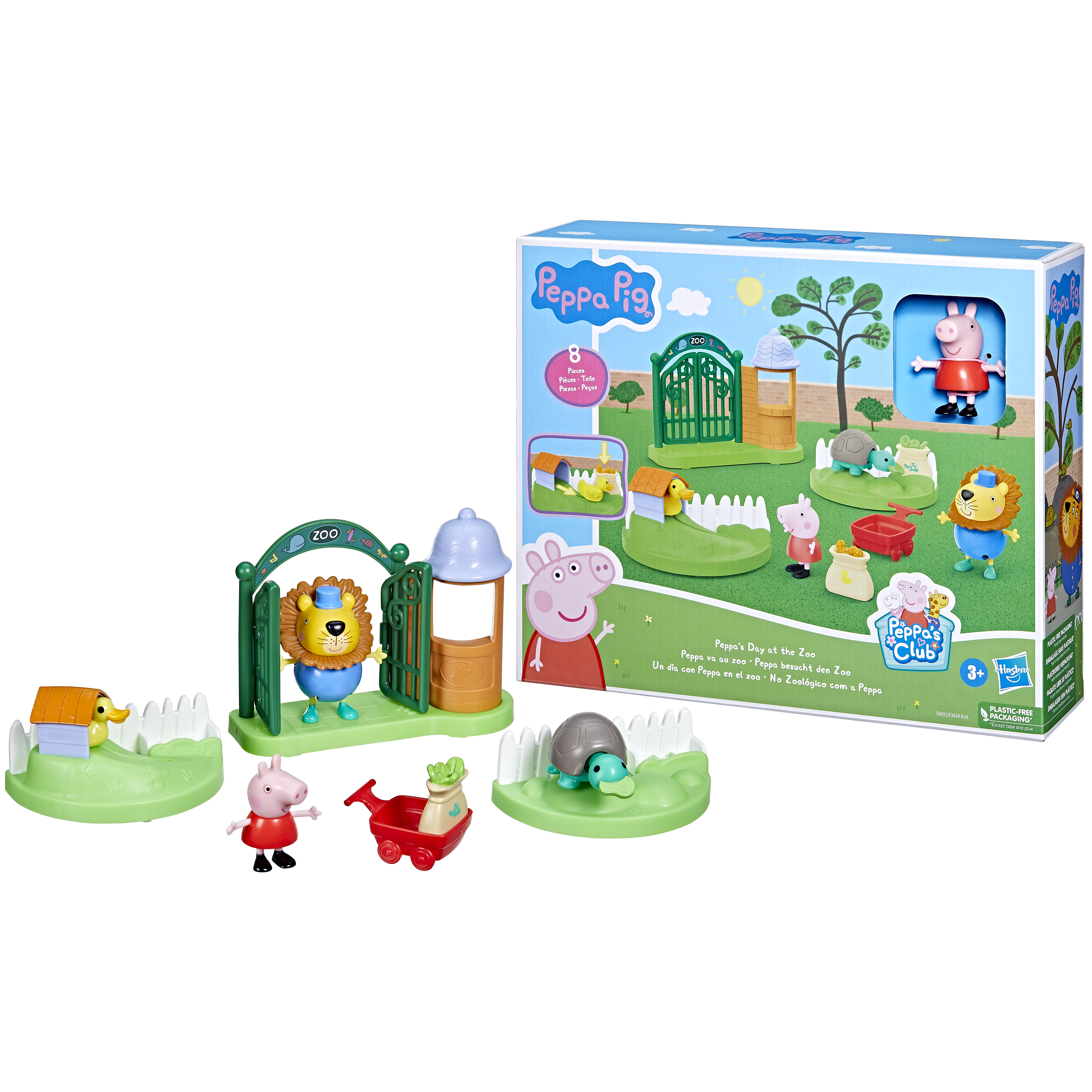 Ein Peppa Wutz Spielzeugset mit Figuren, einem Zootor und einer Box mit Peppa Wutz Grafiken.