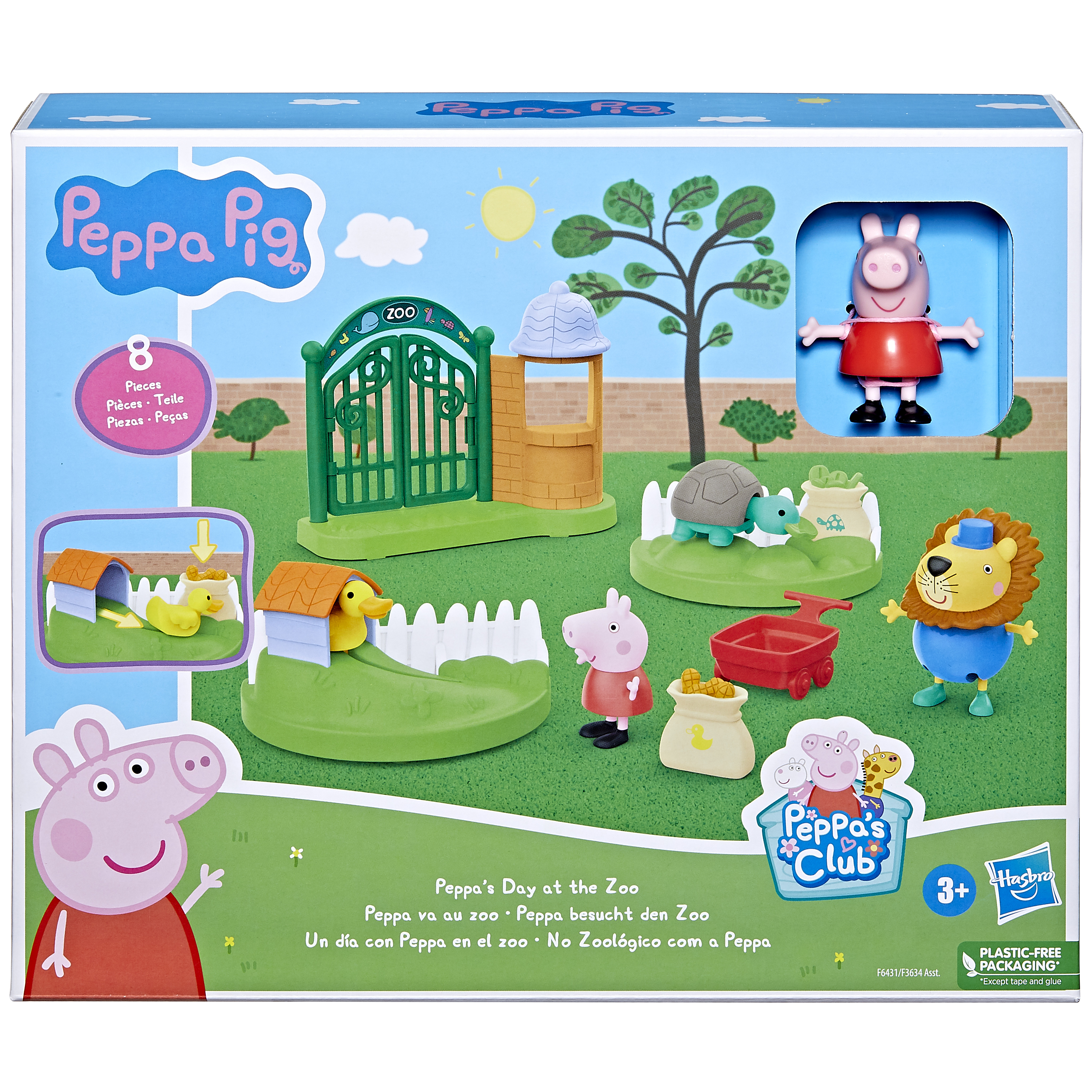 Ein Peppa Wutz Spielset mit Peppa, einem Löwen, einer Schildkröte und Zoo-Elementen. Eine Box ist im Hintergrund.