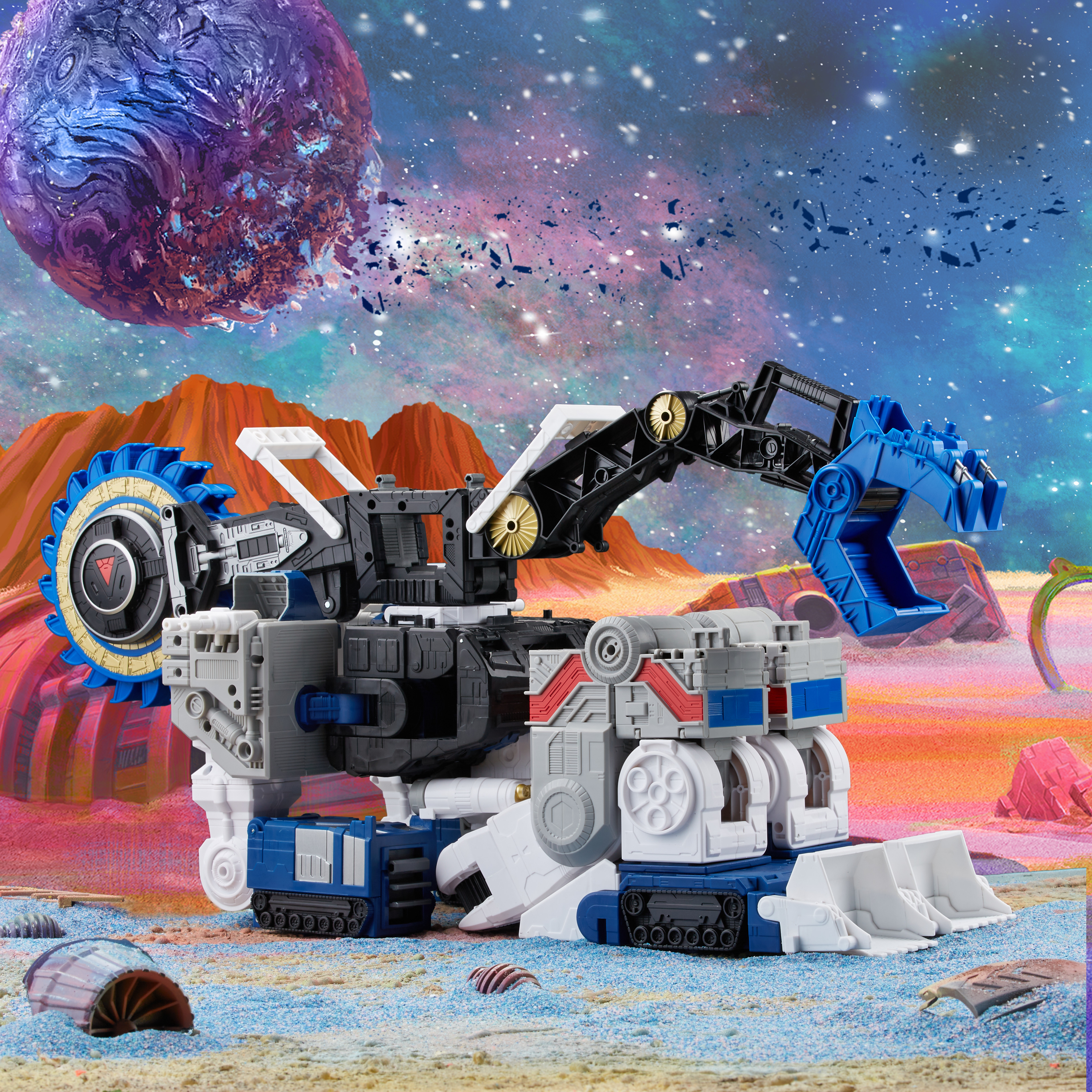 Un giocattolo escavatore robotico su un paesaggio colorato di un pianeta alieno.