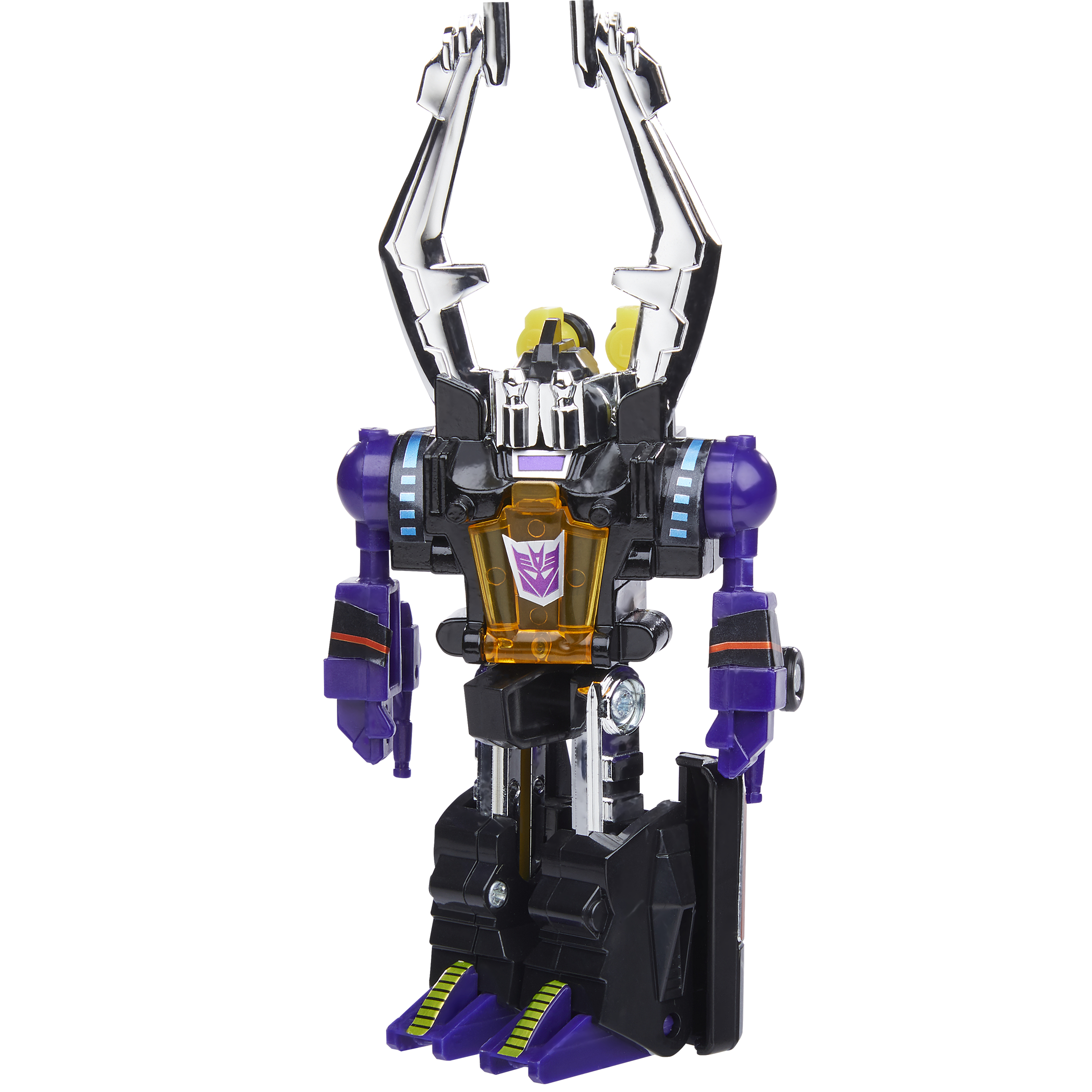 Un juguete robot púrpura y negro con garras plateadas. Es un juguete Transformer.