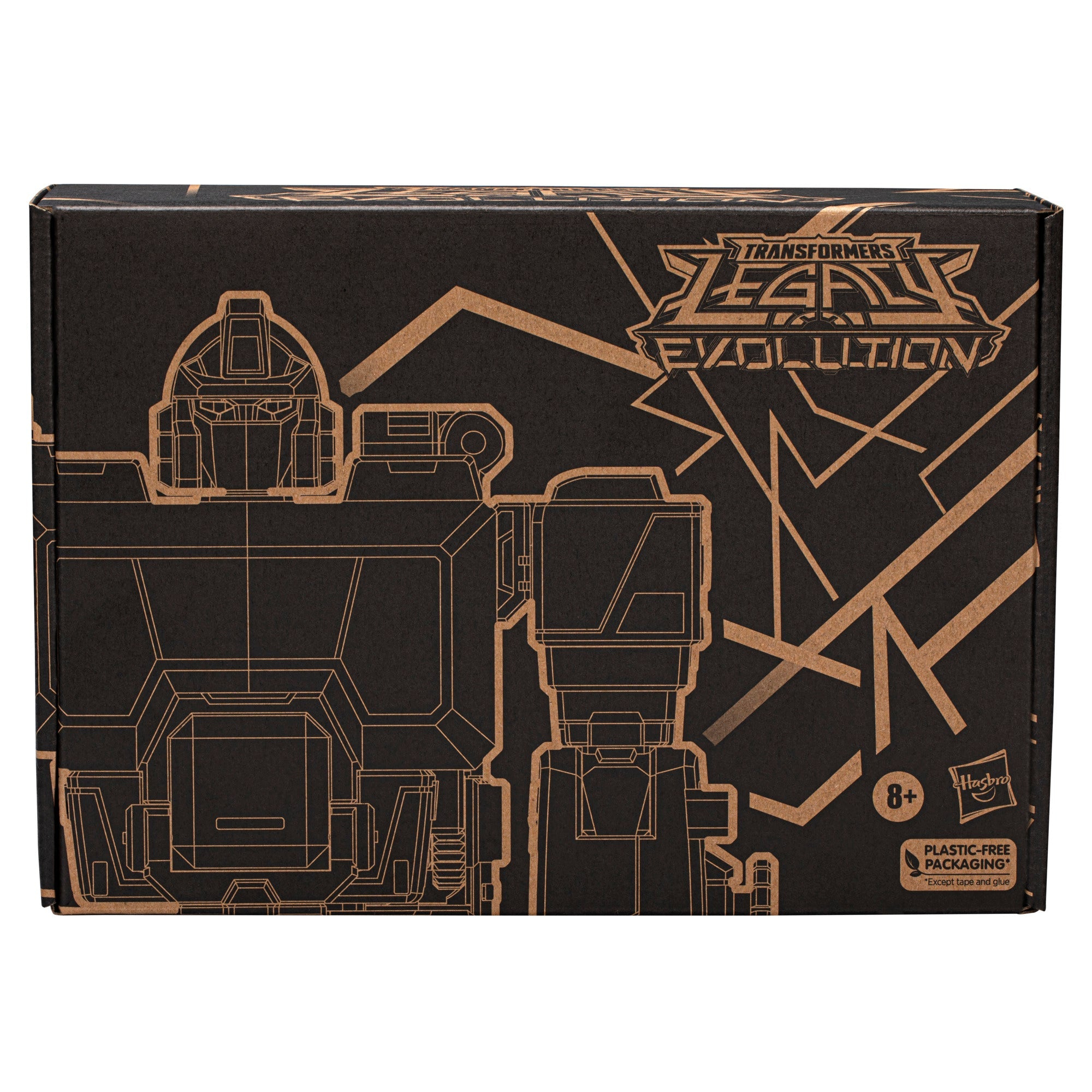 Czarne pudełko Transformers Legacy Evolution. Pudełko zawiera ilustracje robotów i logo Hasbro.