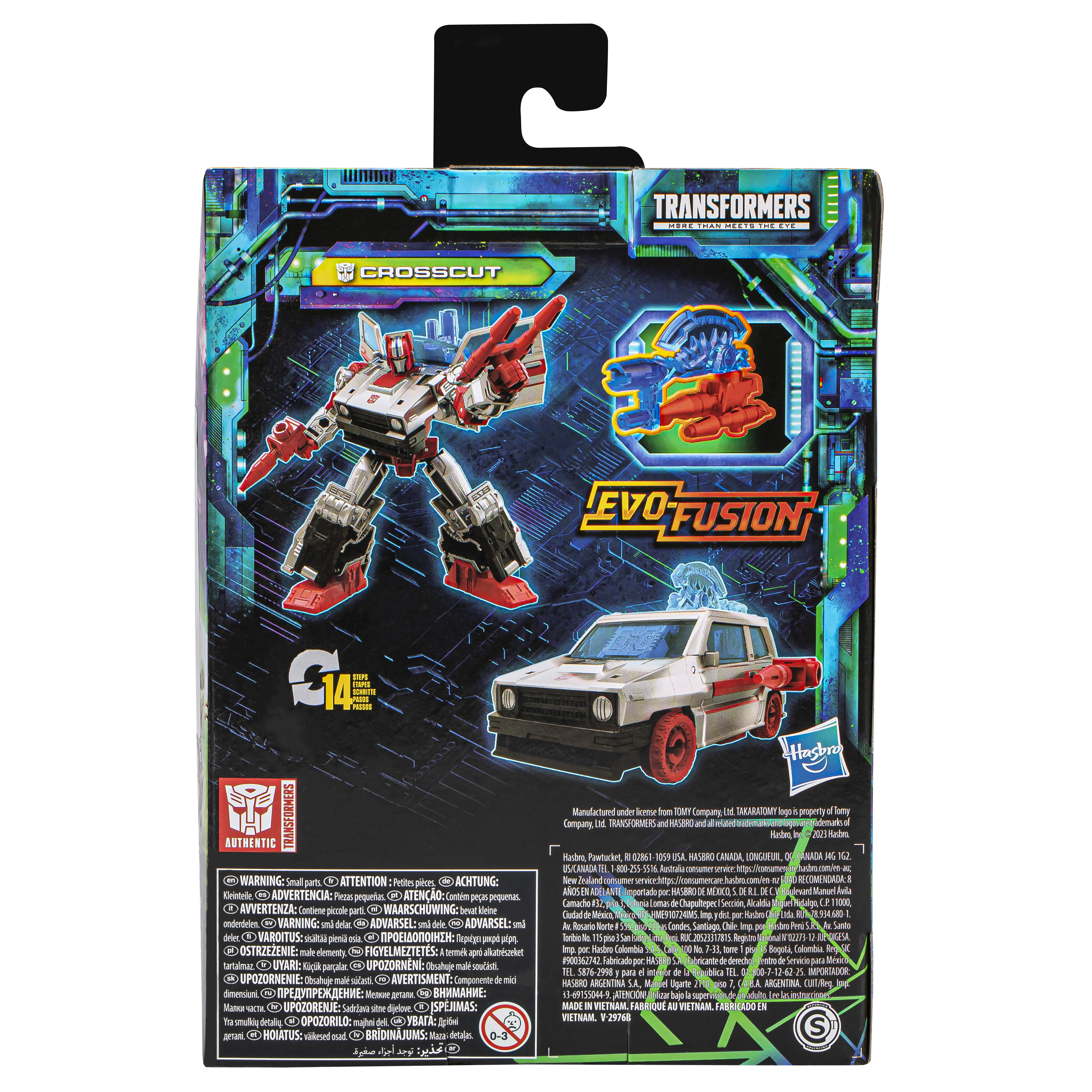 Parte trasera de una caja de juguetes Transformers con la figura de Crosscut y un coche. Texto e imágenes impresas.