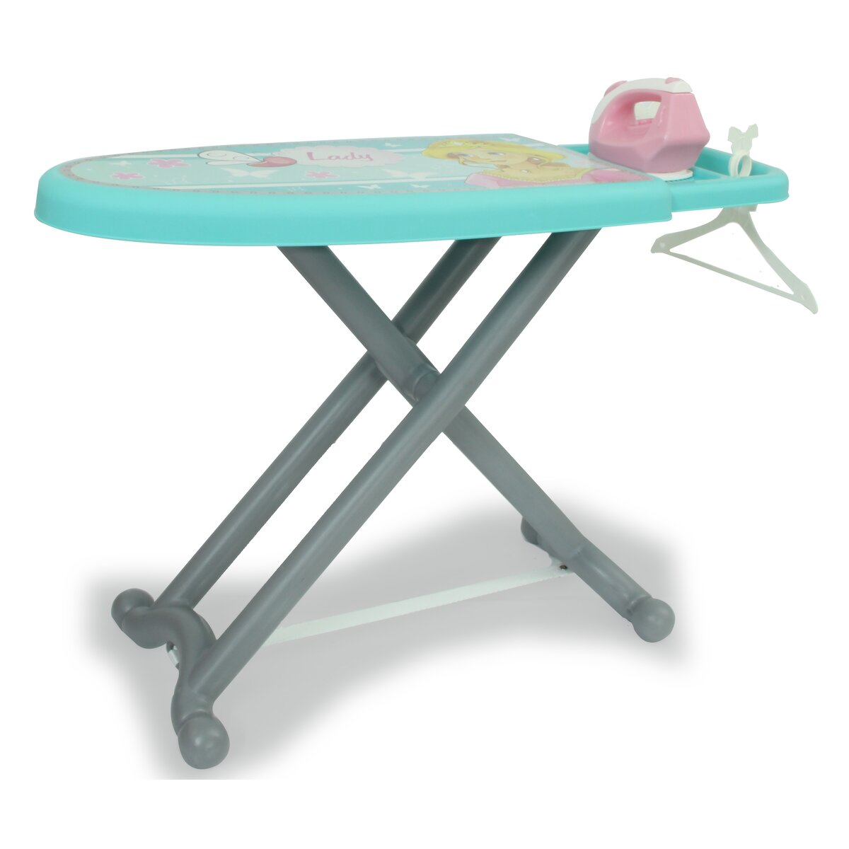 Ein Bügelbrett-Set für Kinder auf weißem Hintergrund. Es enthält ein blaues Brett und ein rosa Spielzeugbügeleisen.