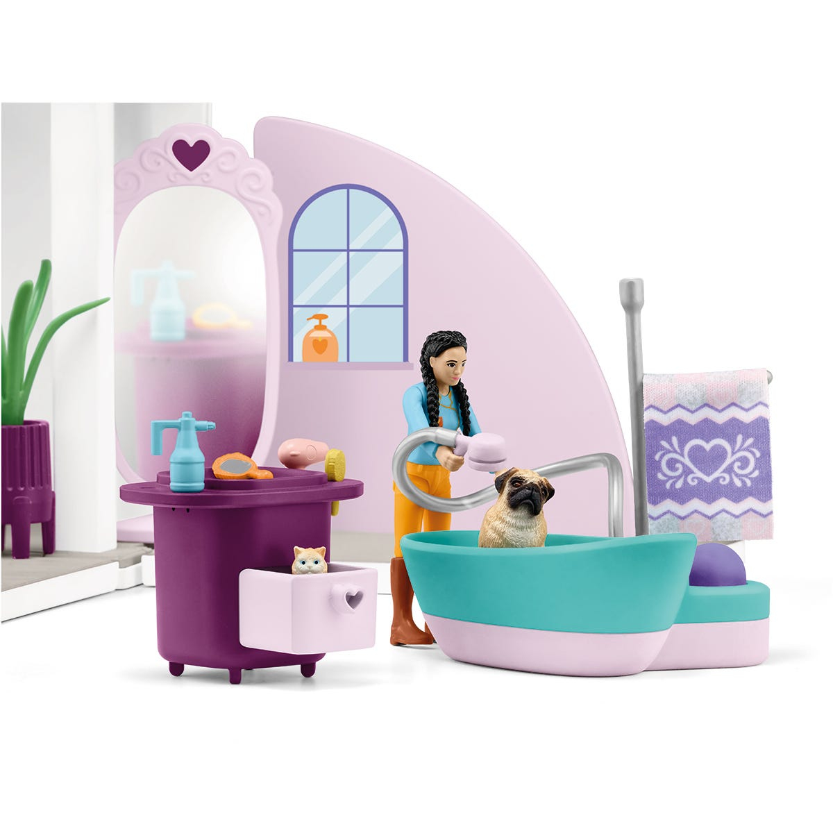Ein Spielzeugset mit einem Mädchen, einem Hund in einer Wanne und Pflegezubehör. Rosa und lila Farben.