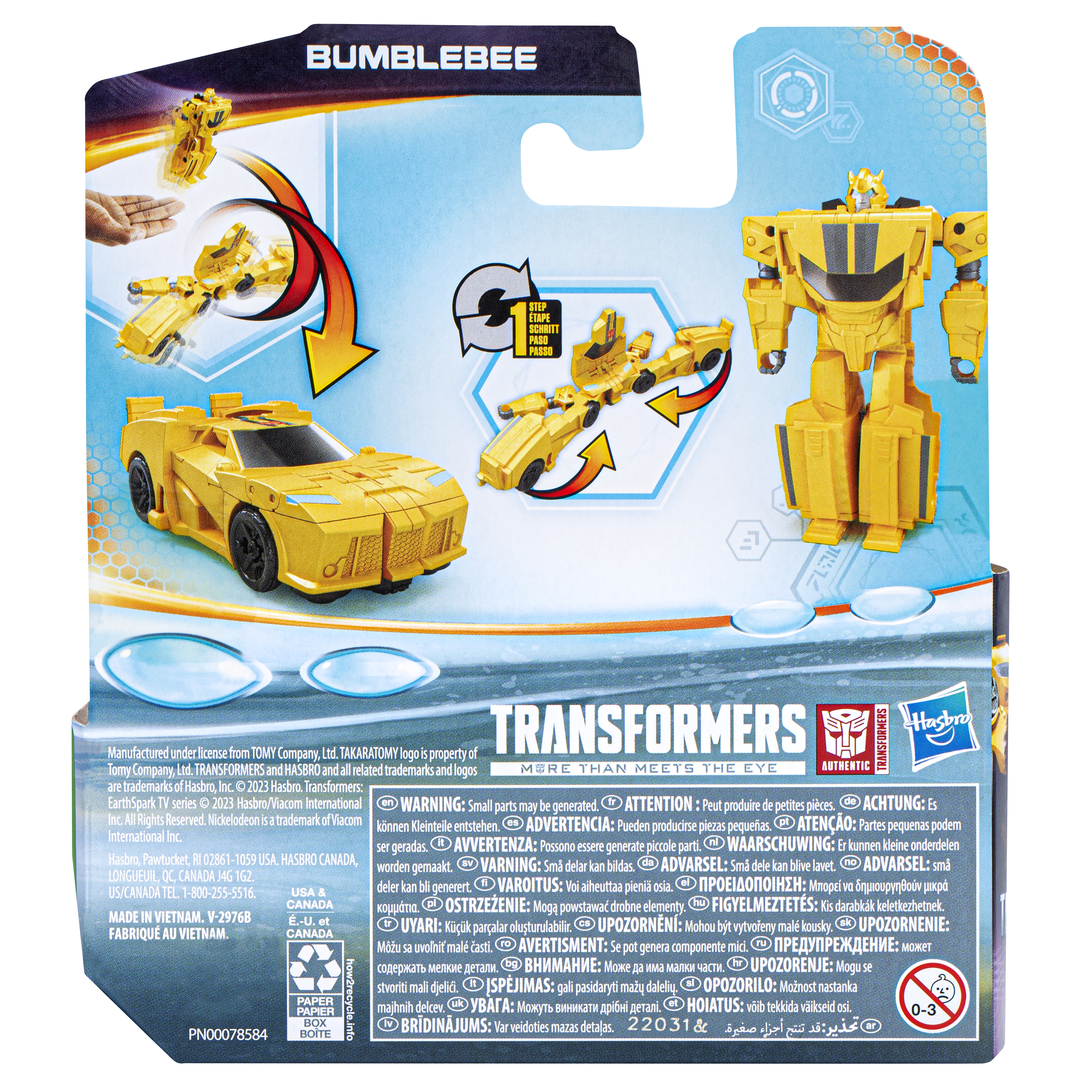 Żółta zabawka Bumblebee Transformers. Opakowanie pokazuje transformacje i formę robota.