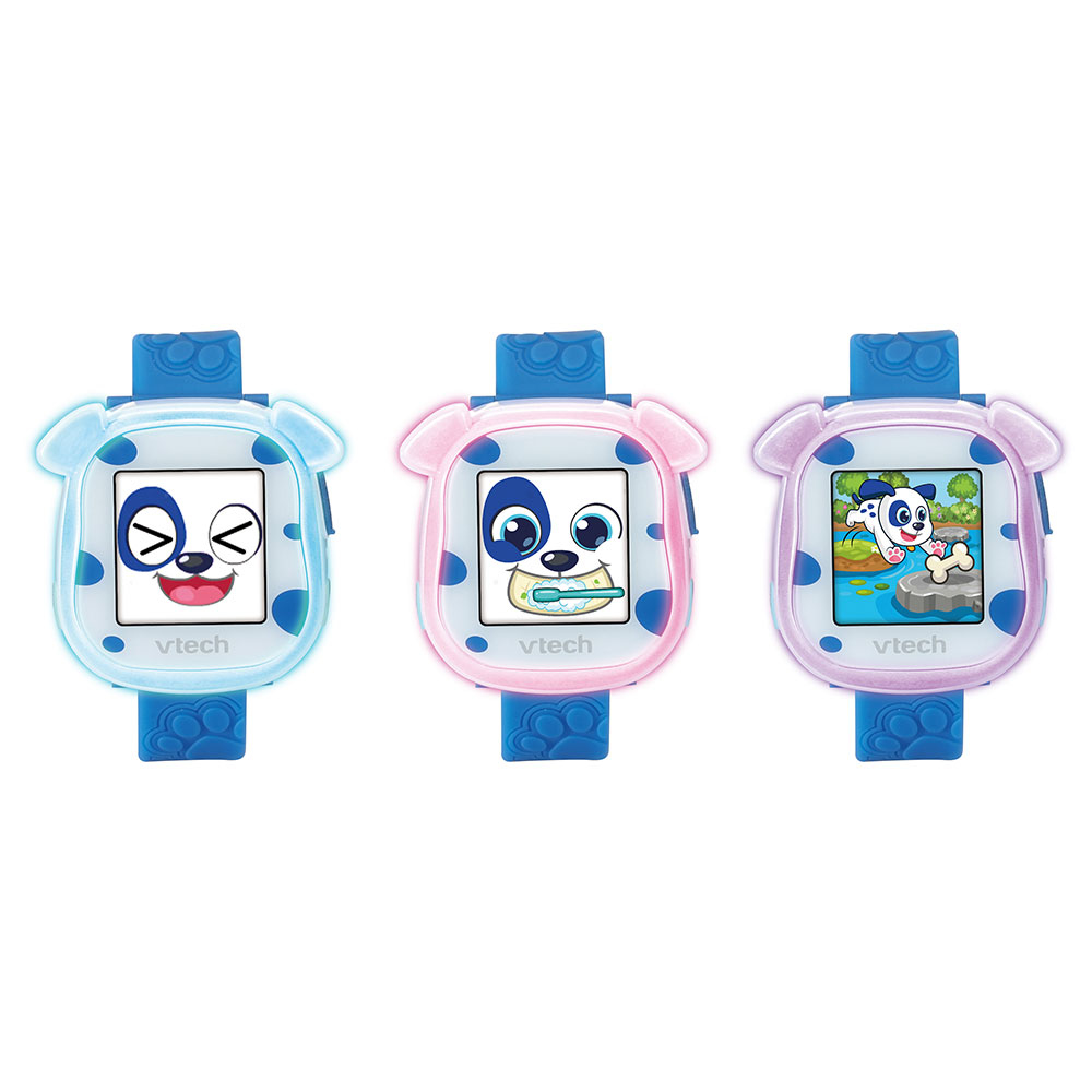 Drei Kinder-Smartwatches in Blau, Pink und Rosa mit Cartoon-Gesichtern.