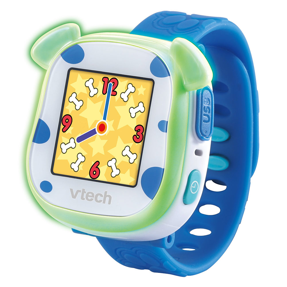 Eine blaue und grüne Kinder-Smartwatch mit hundeförmigem Gesicht und blauem Armband.