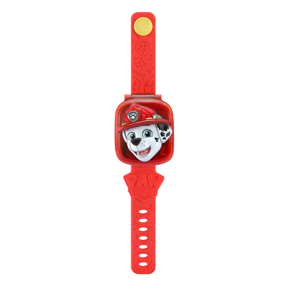 Rote Paw Patrol Uhr mit Marshalls Gesicht. Rotes Band mit Schnalle und Löchern.