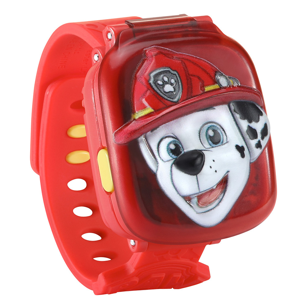 Eine rote Paw Patrol Uhr mit Marshall-Gesicht, an einem roten Armband.