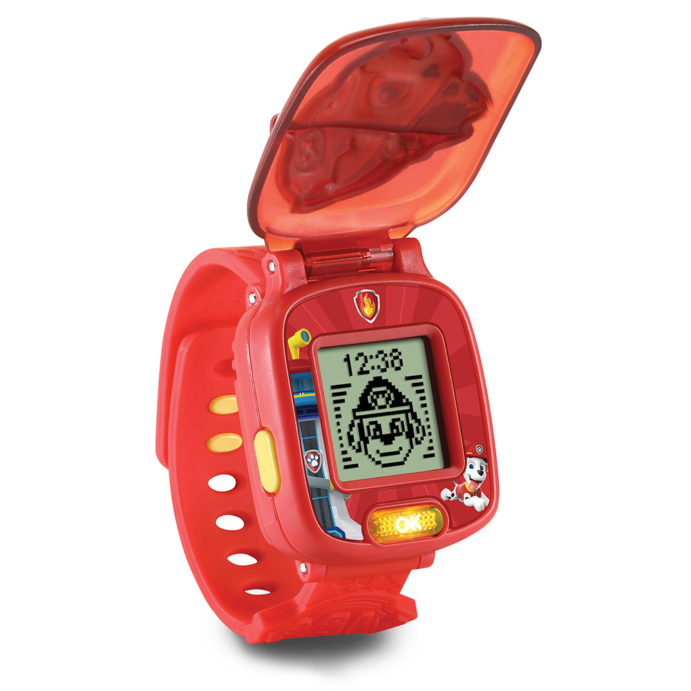Rote Paw Patrol Kinderuhr. Display zeigt die Zeit und eine Figur.