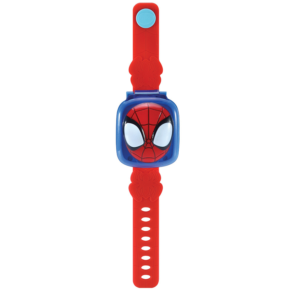 Spiderman-Uhrenspielzeug. Rotes Armband, blaues Zifferblatt, Spiderman-Gesicht. Weißer Hintergrund.