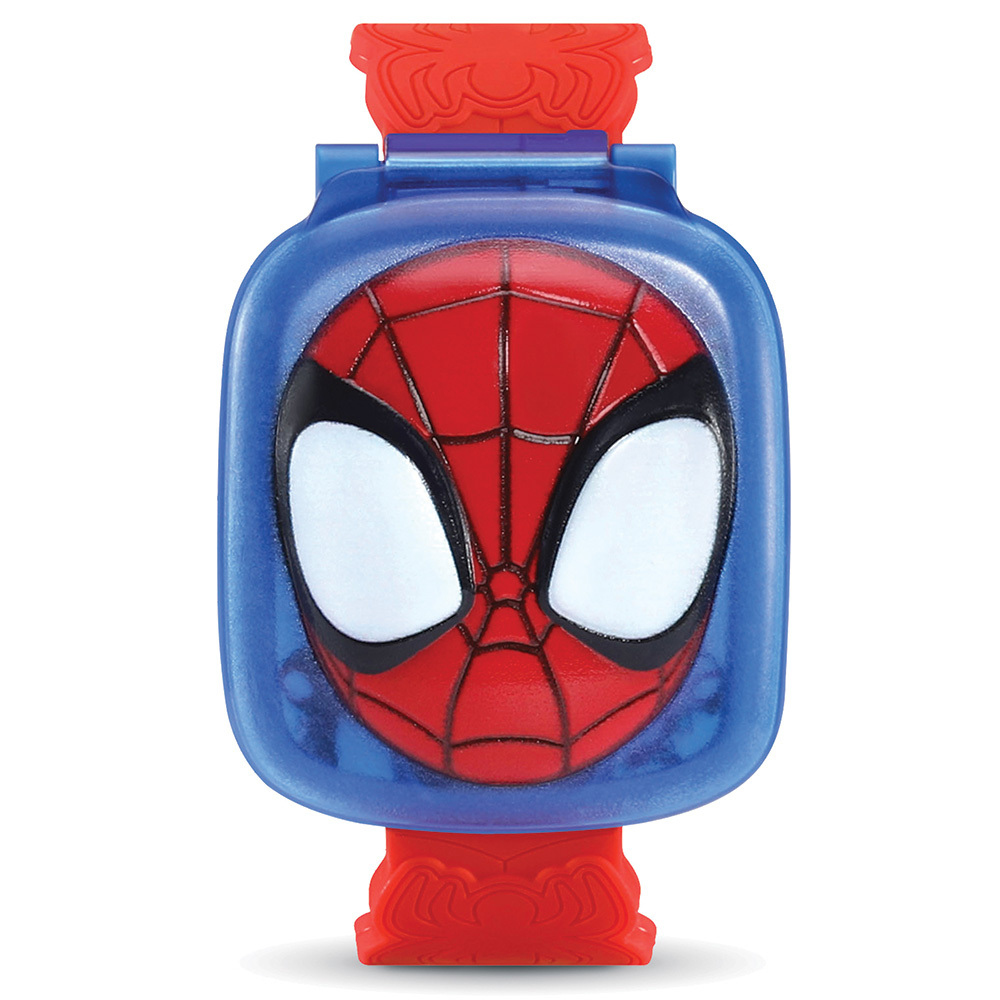 Eine blaue Spiderman-Uhr mit rotem Spiderman-Gesicht in der Mitte, vor weißem Hintergrund.