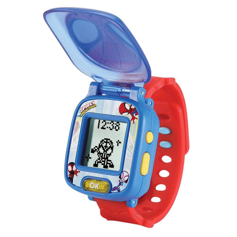 Ein Spider-Man Spielzeug-Uhr mit blauem Gehäuse, rotem Armband und digitaler Anzeige mit Spidey-Figur.