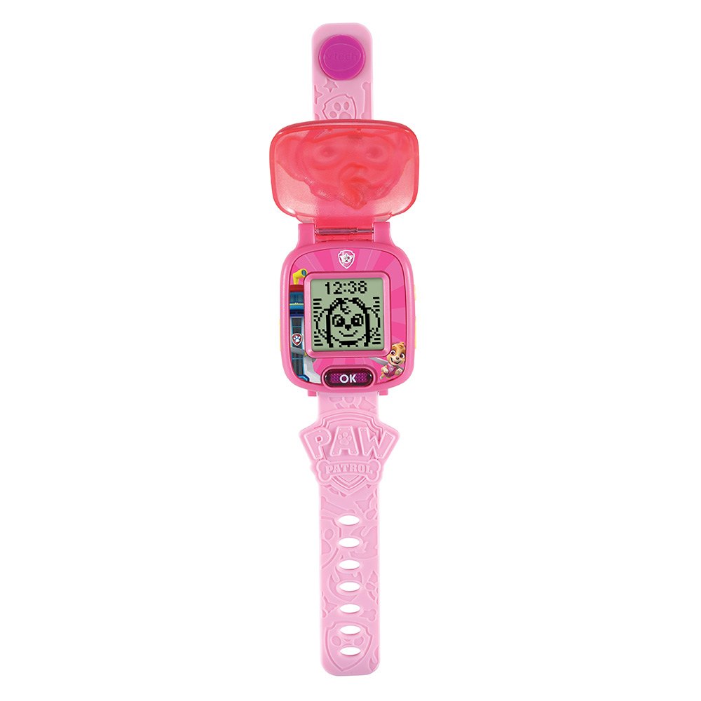 Pinke Paw Patrol Kinderuhr mit einem Bildschirm, der eine Zeichentrickfigur zeigt.