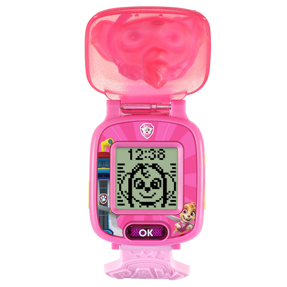 Pinke Paw Patrol Uhr mit Digitalanzeige, die die Uhrzeit und den Charakter Skye zeigt.
