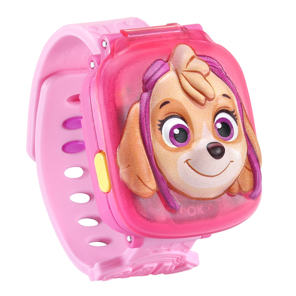 Rosa Paw Patrol Uhr mit Skye's Gesicht auf dem Zifferblatt, rosa Armband.