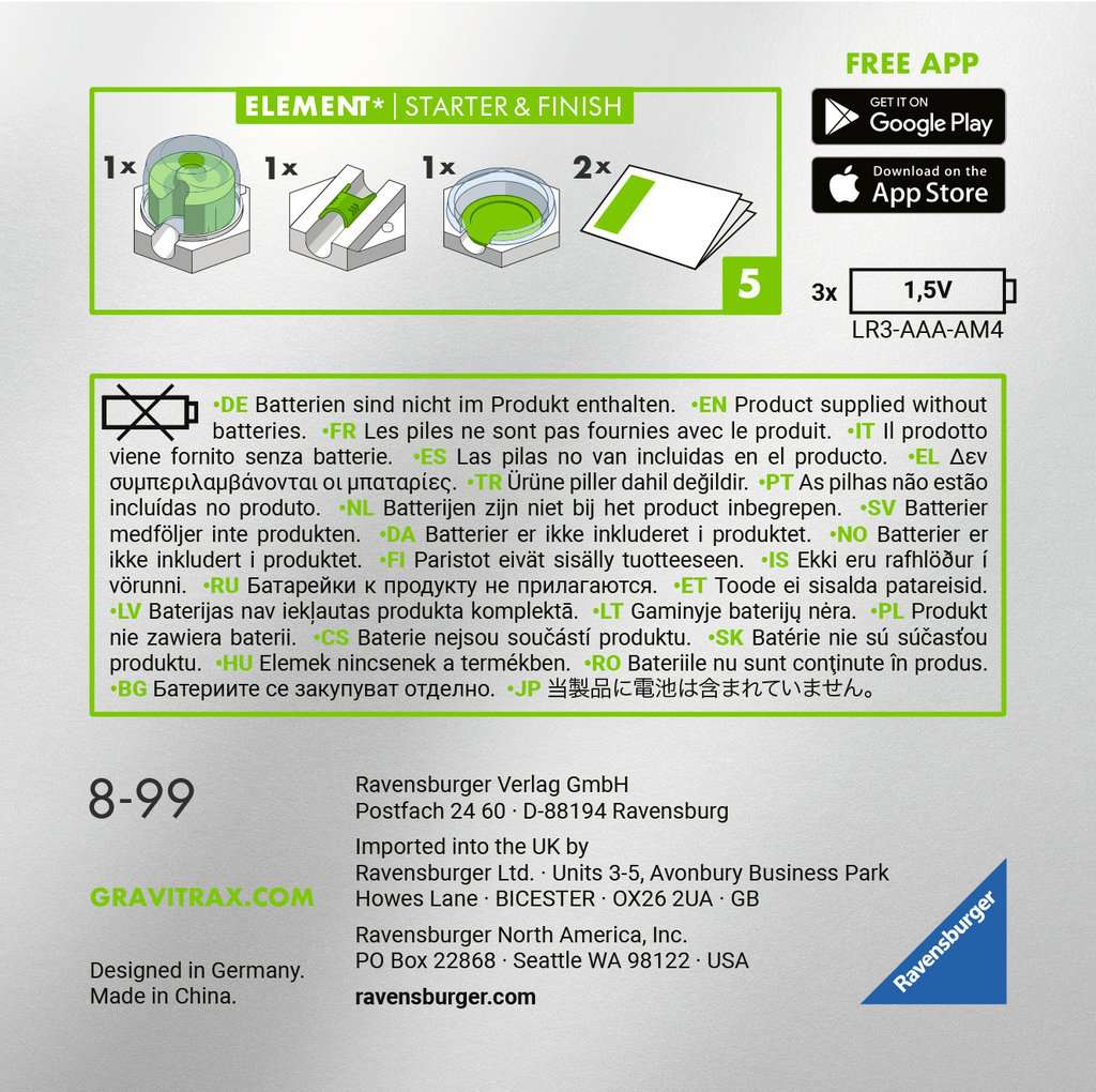 Opakowanie z elementami gry i tekstem w wielu językach.