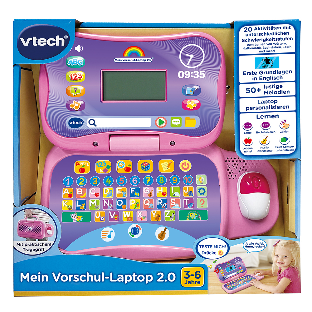 Rosa Spielzeug-Laptop, mit Bildschirm, Tastatur und Maus, und ein Mädchen schaut darauf.
