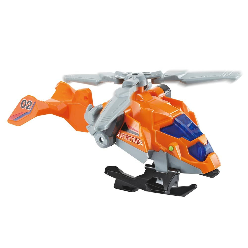 Ein orangefarbener Spielzeug-Hubschrauber mit grauem Rotor und dem Wort 'AUFTRITT'.