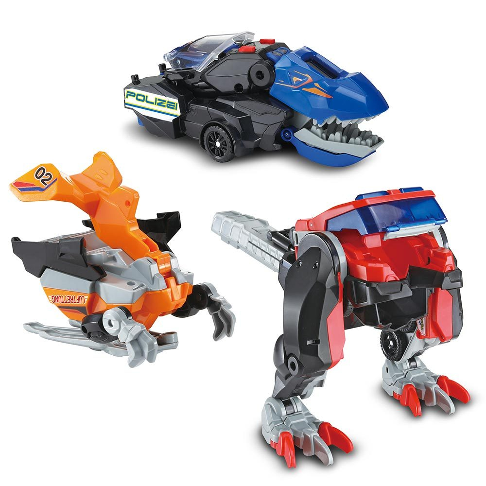 Drei Spielzeugroboter in verschiedenen Farben werden gezeigt. Einer ist ein Polizeiauto, zwei Dinosaurier.