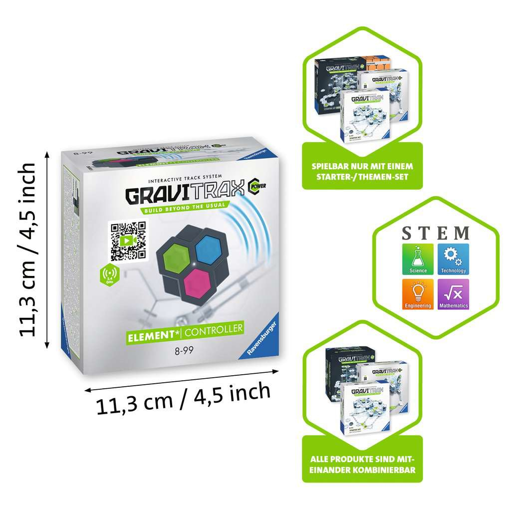 Pudełko z zabawkami STEM GraviTrax, ze szczegółami produktu i ikonami STEM.