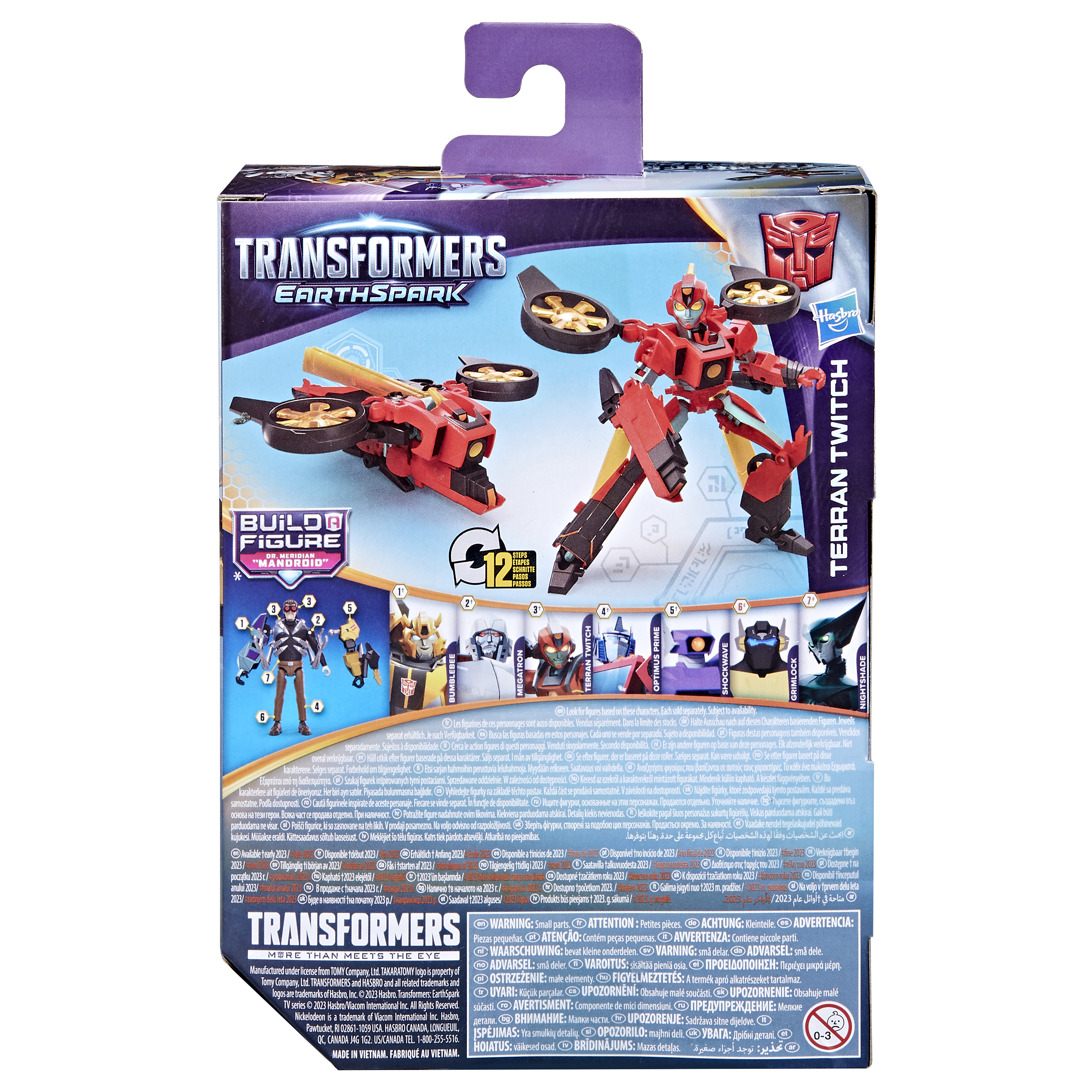 Retro di una confezione di giocattoli Transformers. Contiene la figura di Terran Twitch e altre figure.