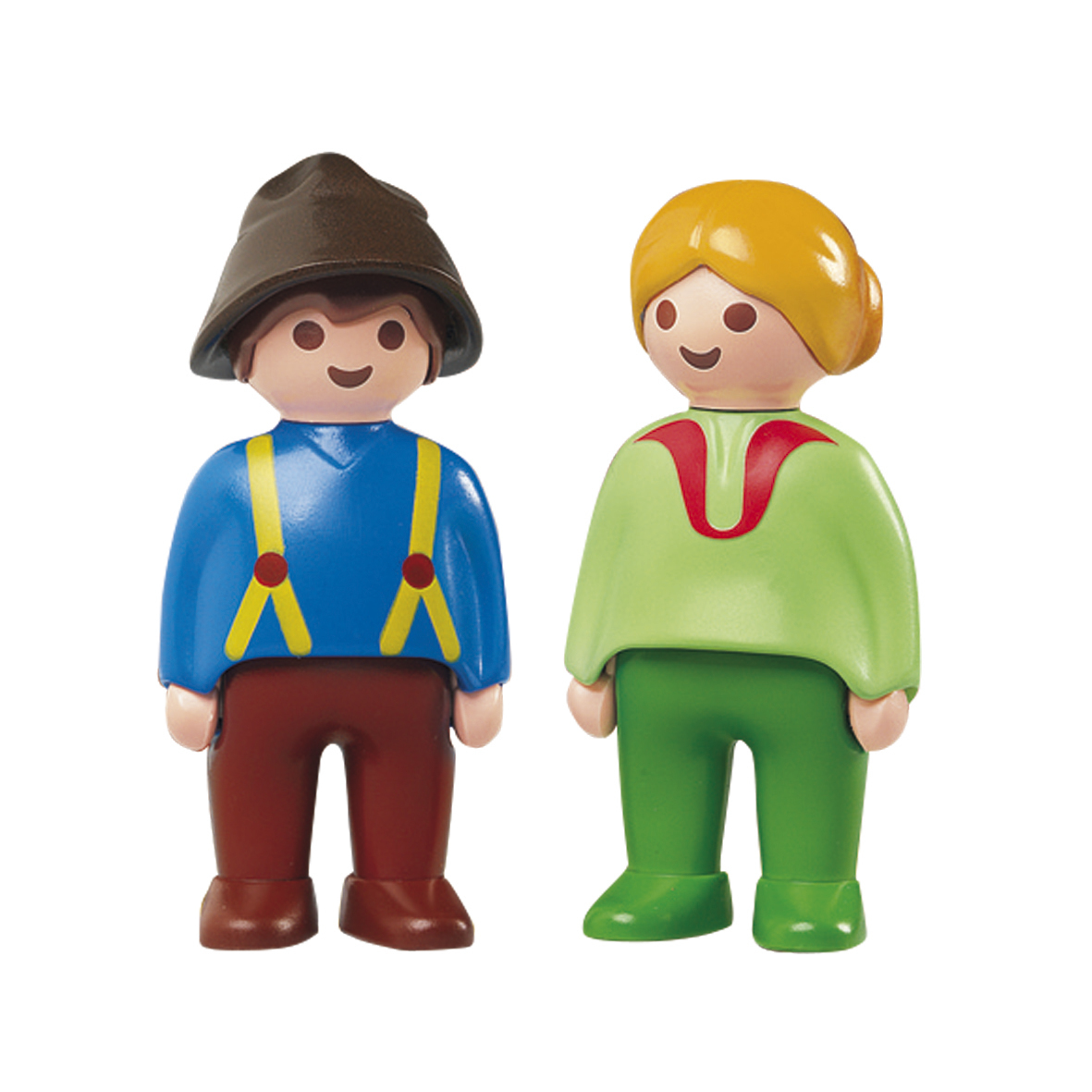 Zwei Spielfiguren, ein Mann mit braunem Hut und eine Frau, stehen nebeneinander.
